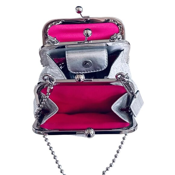 SOLD COACH 2008 Metallic Silver Leather Double Frame Kisslock Ball Chain - Picture 7 of 16